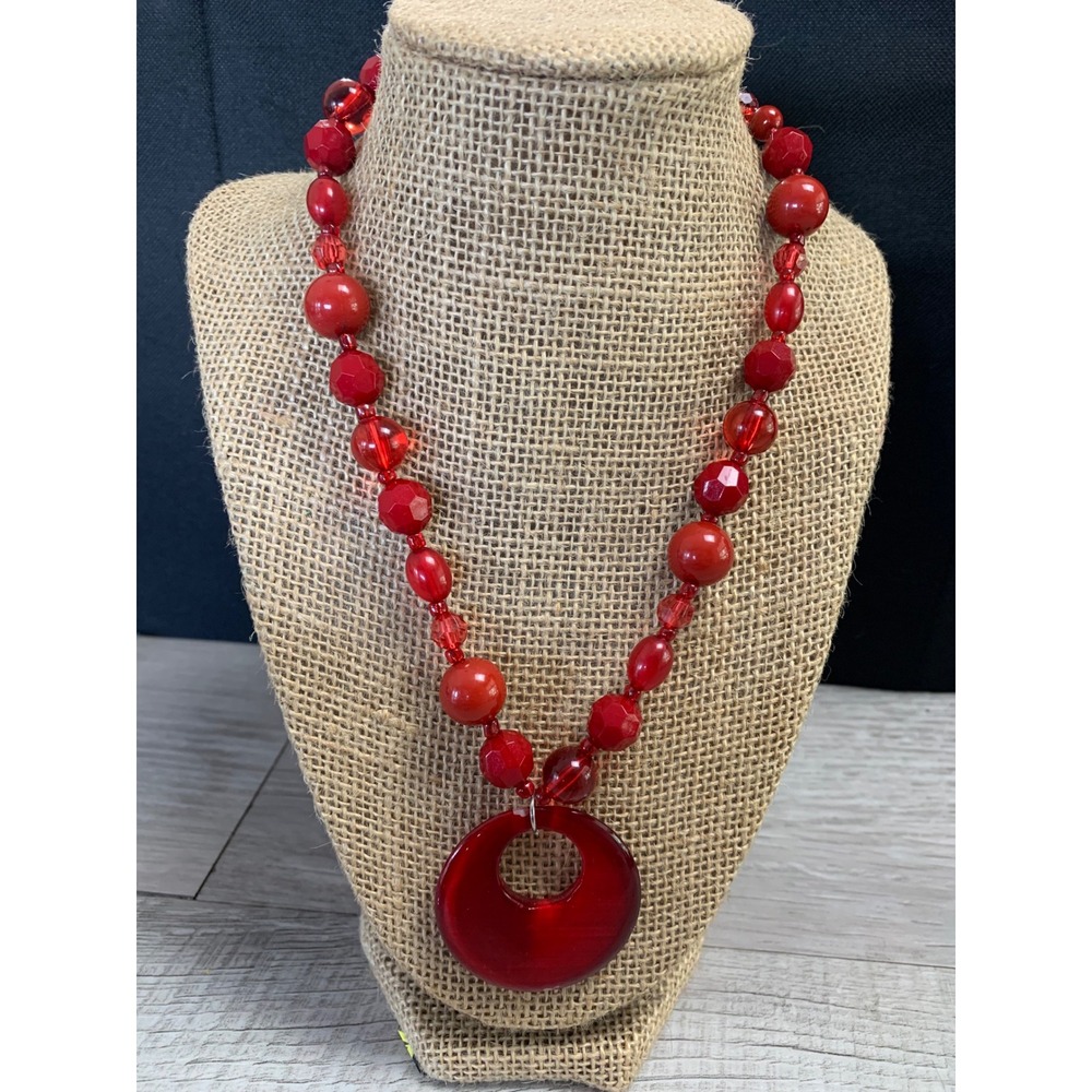 Vintage 90s Red Beaded Necklace with Large Circular Pendant 18 Inch Adjustable